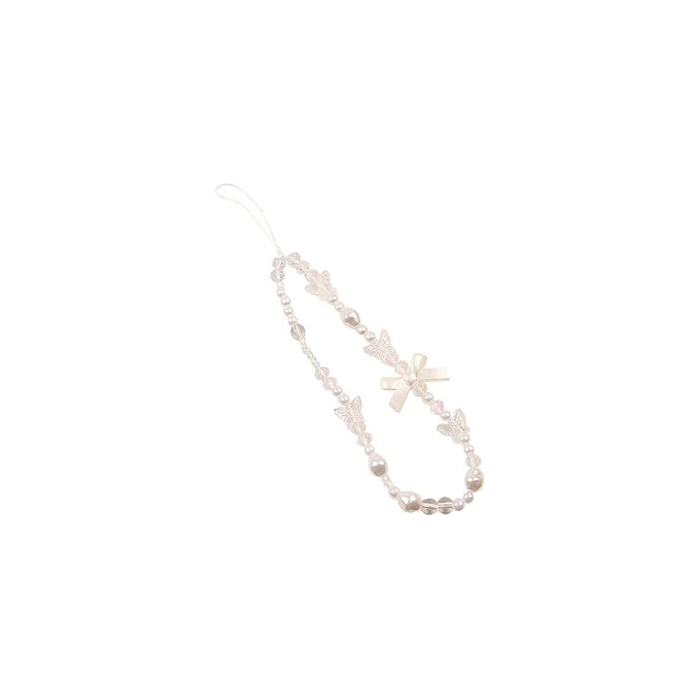 Mobile Phone Lanyard Pearl Beaded With Bow Universal Phone Chain Anti Lost Wrist Strap Keychain Accessory White/Black 9382693029140