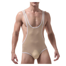 Men's Sexy Wrestling Singlet Ice Silk Ultrathin Leotard Bodysuit Active Underwear Skin Color Size XL