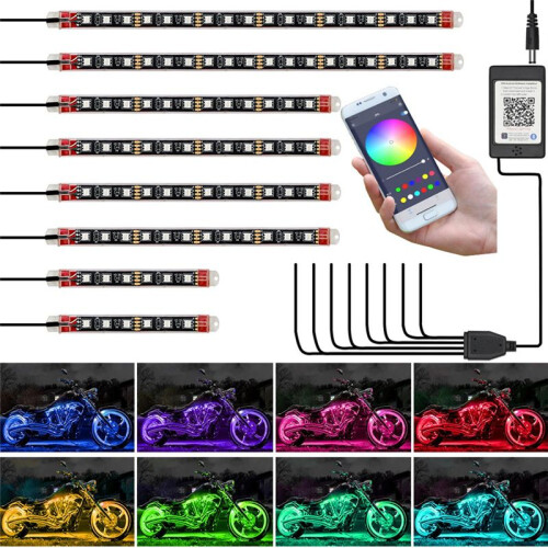 8PCS Motorcycle Underglow LED Light Kit, App Control Multicolor Motorcycle LED Light Kit RGB Strips Light Waterproof 2