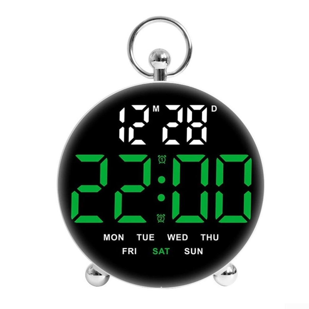 Voice Activated Round LED Alarm Clock, Display Time Date Temperature, Adjustable Alarms, Memory, Green