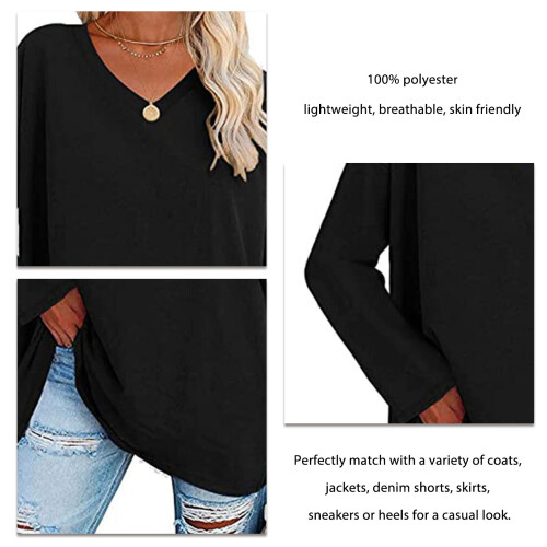 V-Ausschnitt Langarm-T-Shirt Schwarz Größe L 100% Polyester 2