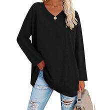 V-Ausschnitt Langarm-T-Shirt Schwarz Größe L 100% Polyester