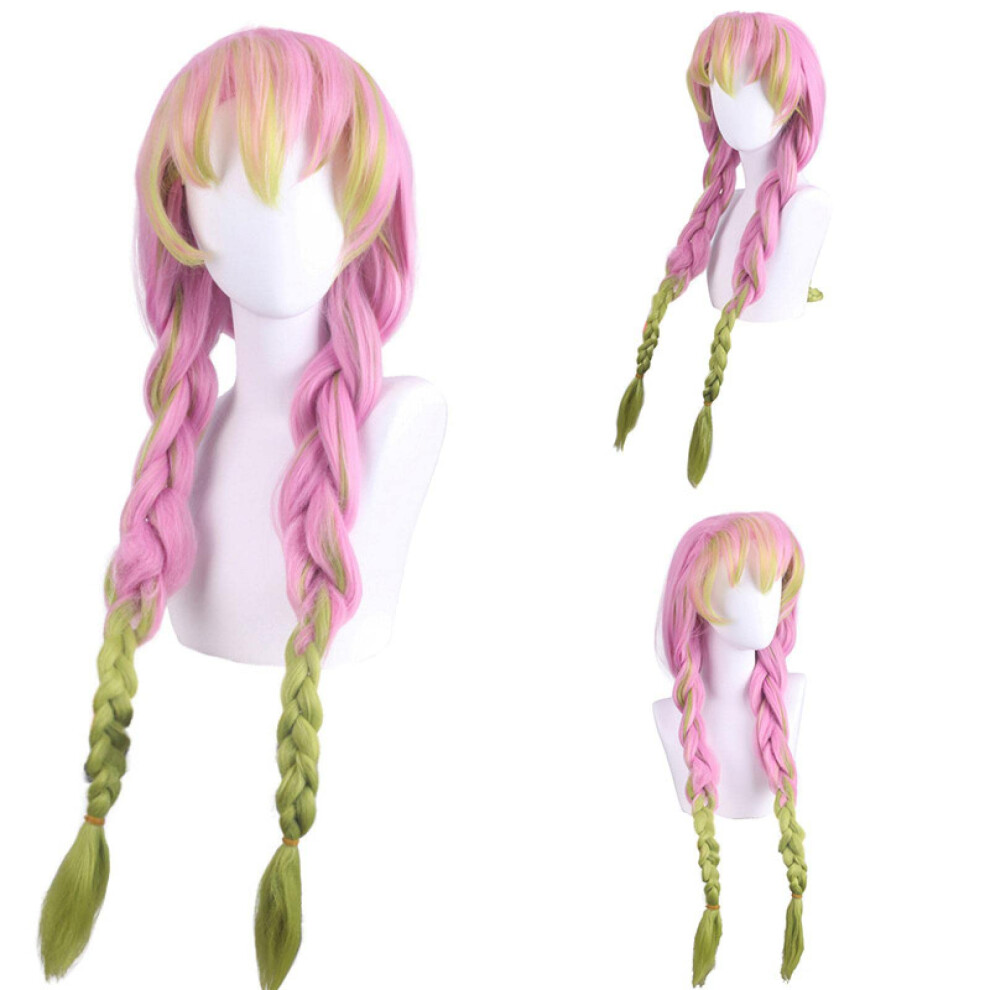 Unisex Pink,Green Cosplay Wig Long Pink Green Gradient Colour Heat Resistant Synthetic Wig With Thickened Twist Braid For Role Play