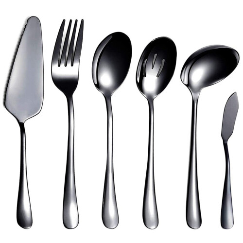 6-Piece Serving Flatware Silverware Set, Serving Utensil Set,Include Cake Server, Slotted Serving Spoon Black