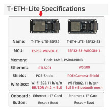 Placa de Desarrollo T-ETH-Lite ESP32-WOVER-E MóDulo Ethernet Compatible con TF Potencia Expandible POE Shield H673