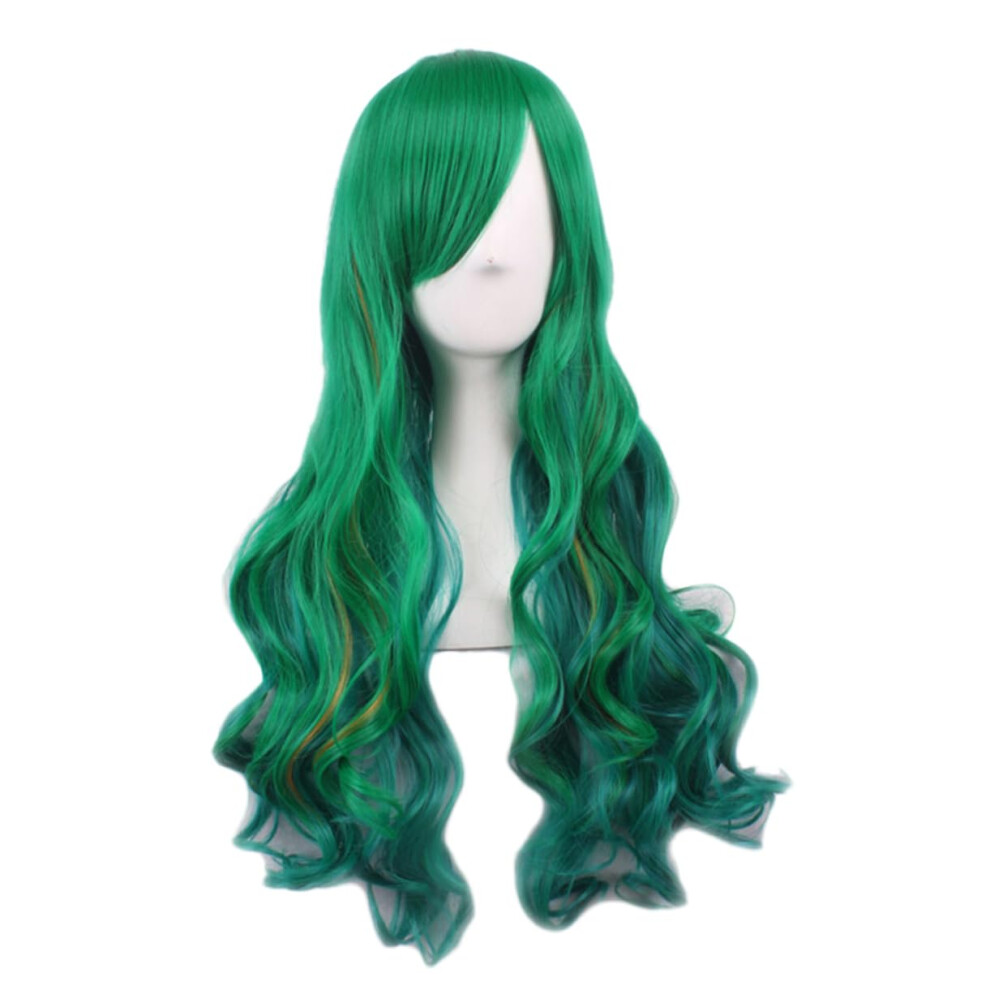 Unisex Green Long Curly Wig Synthetic Cosplay Wig With Bangs Emerald Comfortable Headwear Daily And Party Use