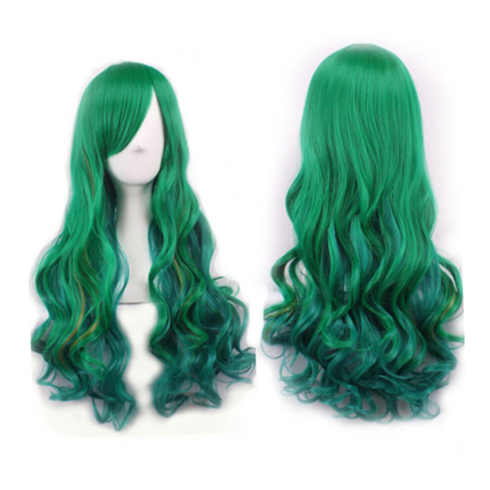 Unisex Green Long Curly Synthetic Wig For Women Cosplay With Bangs, Ventilative Headwear For Parties