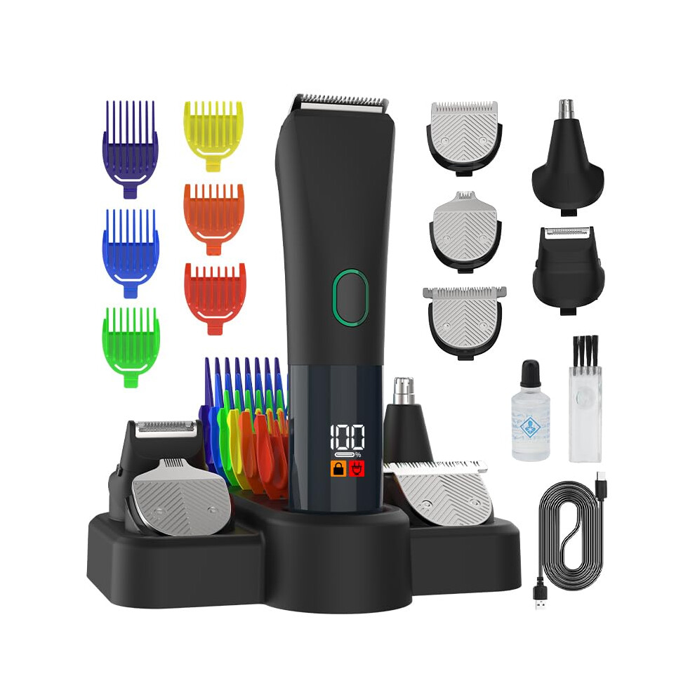 Beard Trimmer and Hair Clippers for Men, 5in1 Grooming Kit with Stainless Steel Blades, Cordless USB Charging, LED Display, IPX4 Splashproof
