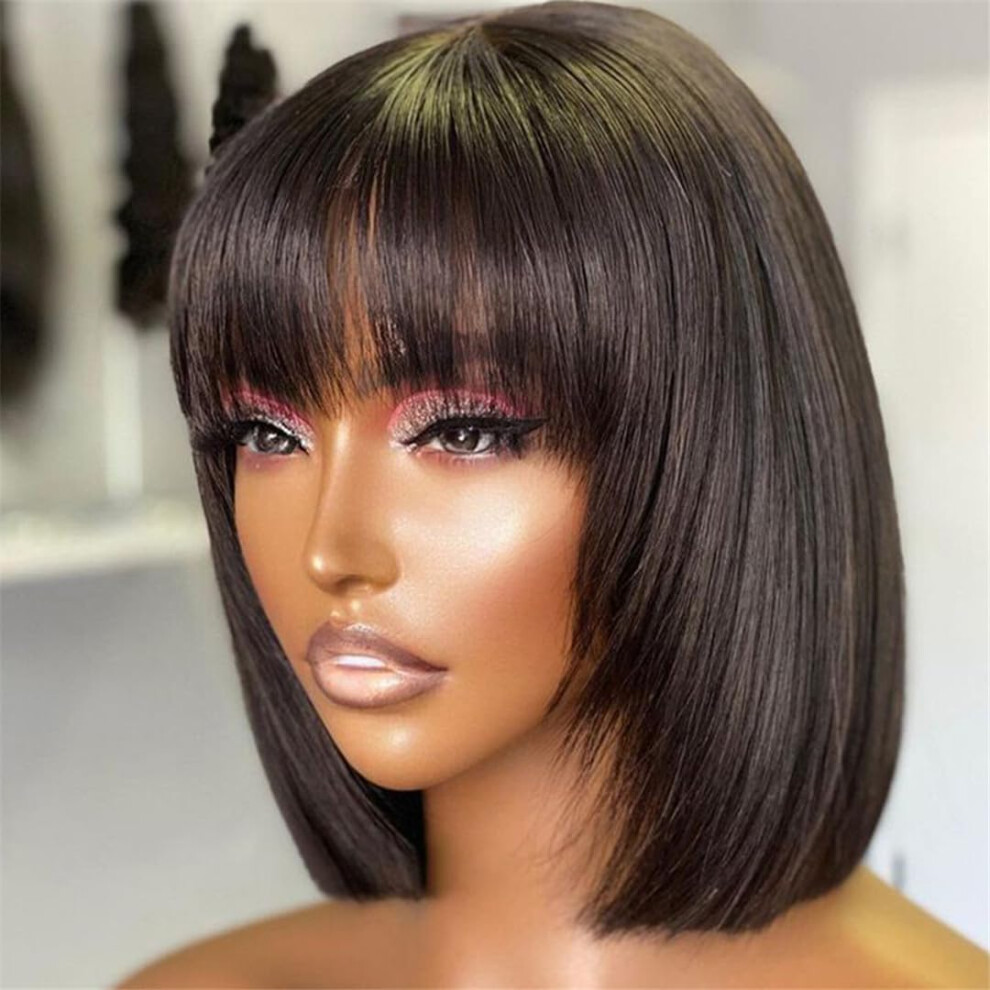 Short Straight Hair Bob Wigs Remy Human Hair With Bangs Non Lace Glueless 10 Inches A6