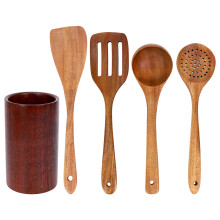 Holz Geschirr, Teakholz Kochgeschirr Set mit StäNder, Geeignet für Antihaft Koch Geschirr, Holz Schaufel LöFfel Kochen 5 StüCk