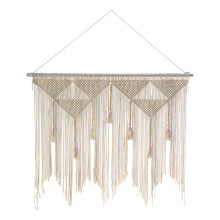 Macrame Wall Hanging Boho Woven , Beige White Tassel Decor Curtain for Home Backdrop (Wood Stick Not Included)