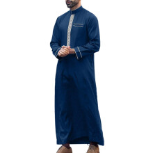 Mens Islamic Thobe Jubba with Embroidery, Cotton Kaftan Robe for Eid, Saudi Moroccan Style, Blue