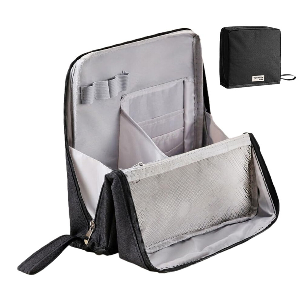 Black Leather Vertical Makeup Bag Large Capacity Travel Makeup Organizer Portable Standing Cosmetic Bag For Women
