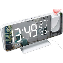 Spiegelprojektionswecker, einstellbare Helligkeit und stufenlose Lautstärkeregelung, Schlummerfunktion, FM-Radio, USB-Ladeanschluss und Notstromakku
