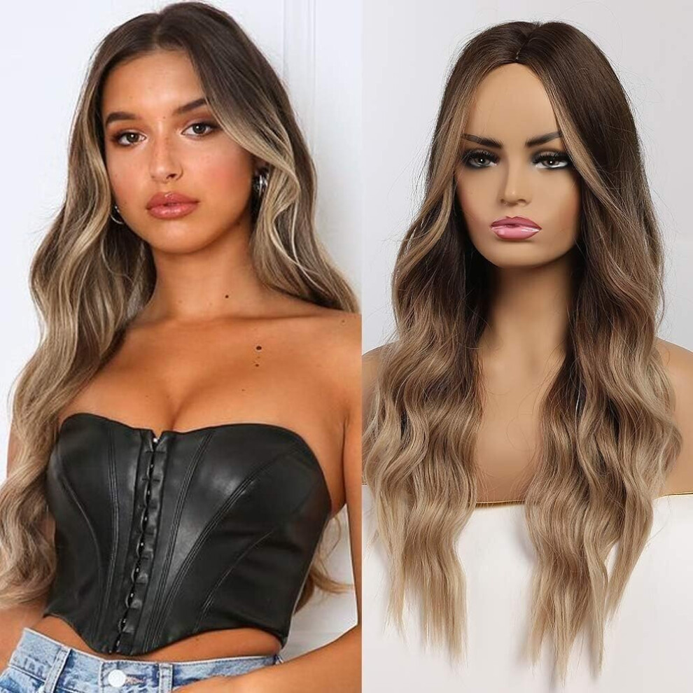 Unisex Brown Long Wavy Ombre To Blonde Wig 24'' For Women, Synthetic Heatresistant, Middle Part, Cosplay Halloween Party