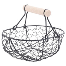 Manejar de Madera Cesta Retro de Metal PortáTil MultifuncióN Frutas Vegetales Huevo Comestibles PráCtico Almacenamiento Cesta Organizador Negro