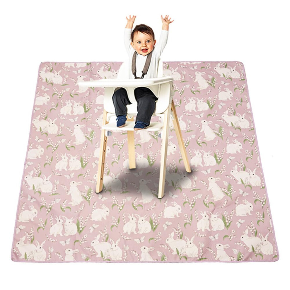 Splash Mat For Under Highchair 43Inch Waterproof Antislip Splat Mat Washable Weaning Mess Play Tablecloth Bunny Pink