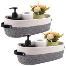2 Pcs Bathroom Organizer Woven Rope Baskets With Leather Handles, Oval Cotton Rope Baskets, Nursery Storage