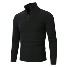 Men's Turtleneck Pullover Zip Front Knitted Jumper Long Sleeve Regular Fit Black Size L