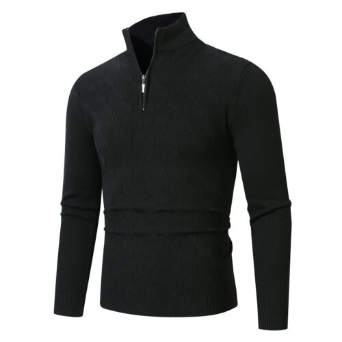 Men's Turtleneck Pullover Zip Front Knitted Jumper Long Sleeve Regular Fit Black Size L