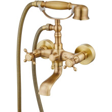 Antique Brass Wall Mount Bathtub Faucet Set with Handheld Shower Dual Handles 3 Function Mixer Tap Kit