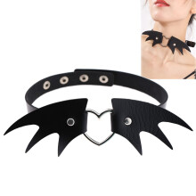 Gothic Leather Choker with Heart Ring and Bat Wing Design, Adjustable Punk Rock Collar Necklace