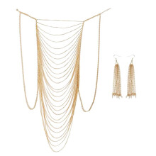 Sexy Tassel Crossover Harness Bikini Body Chain Necklace Earring Set