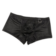 Men's Boxer PU Leather Shorts Low Rise Ring Clubwear Elastic Trunk Bla