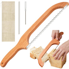 Serrated Bread Slicer, Wooden Bow Knife, Hanging Rope Tool, Bilateral Serrations for Bread, Bagels, and Fruits