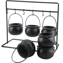 Halloween Witch Cauldron Candy Bowl Small Plastic Black Cauldron Bowls 6 Pack On Rack Hooks Halloween Party Decor