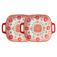 Ceramic Dinner Plates 9.5 Inch Floral Dessert Set Of 4 Salad Plate With Handle Microwave Safe Dishwasher Safe Red
