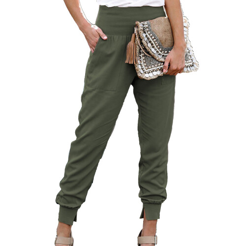 Grüne XL-elastische Hose mit Split-Saum und Taschen 1