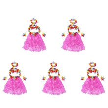 30 Set Hawaiano Grass Skirt Flor Hula Lei Munequera Garland Disfraz - Rosa