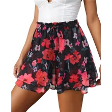 Women'S Ruffled Skirt Red Flowers Black Background L