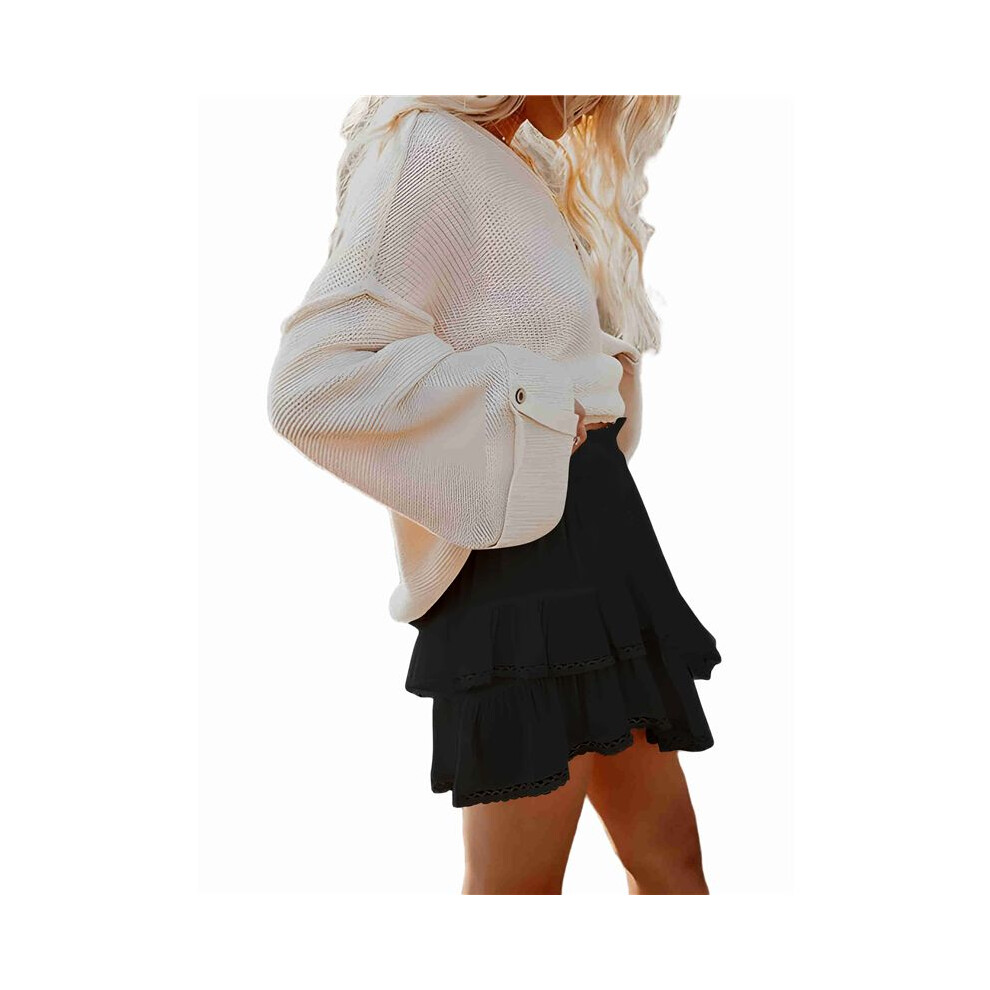 Boho Ruffle Tiered Skorts High Waist Skirts L Black 6033597023255