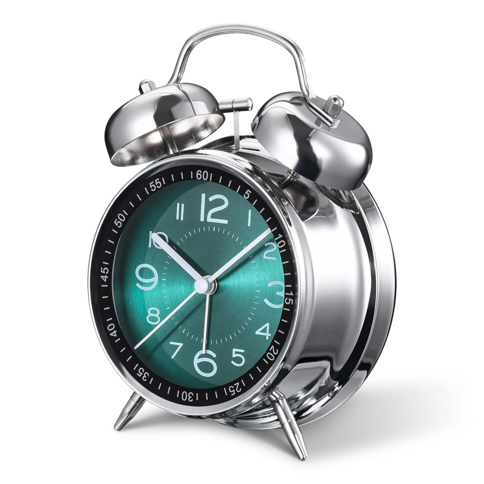 Loud Alarm Clock For Heavy Sleepers Retro 4Inch Silent Quartz Backlight Twin Bell Analog Bedside Clock Green