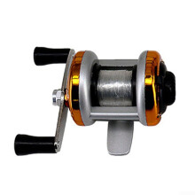 Dual Handle Mini Ice Fishing Reel PreSpooled 50m Line, Compact Aluminum and ABS Build, Smooth Bearings, Gold Plastic