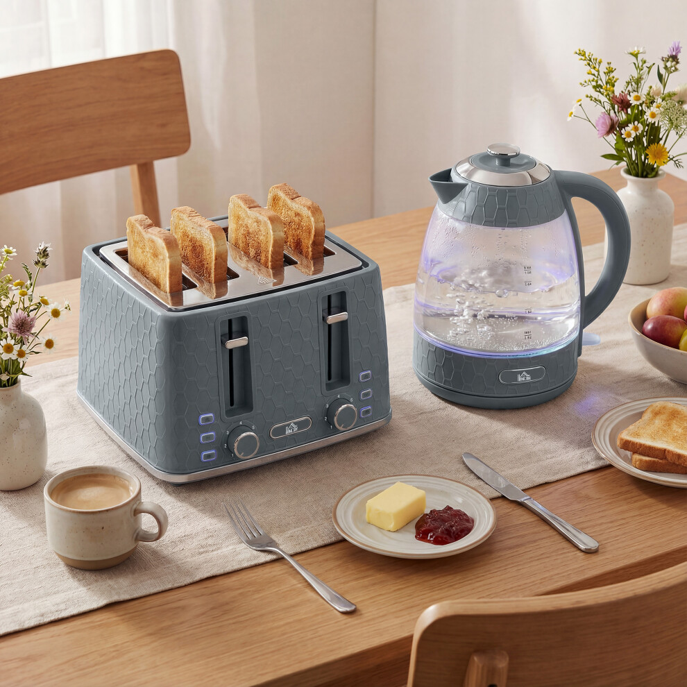 New Homcom Kettle And Toaster Set With Strix Thermostat, Crumb Tray, Grey