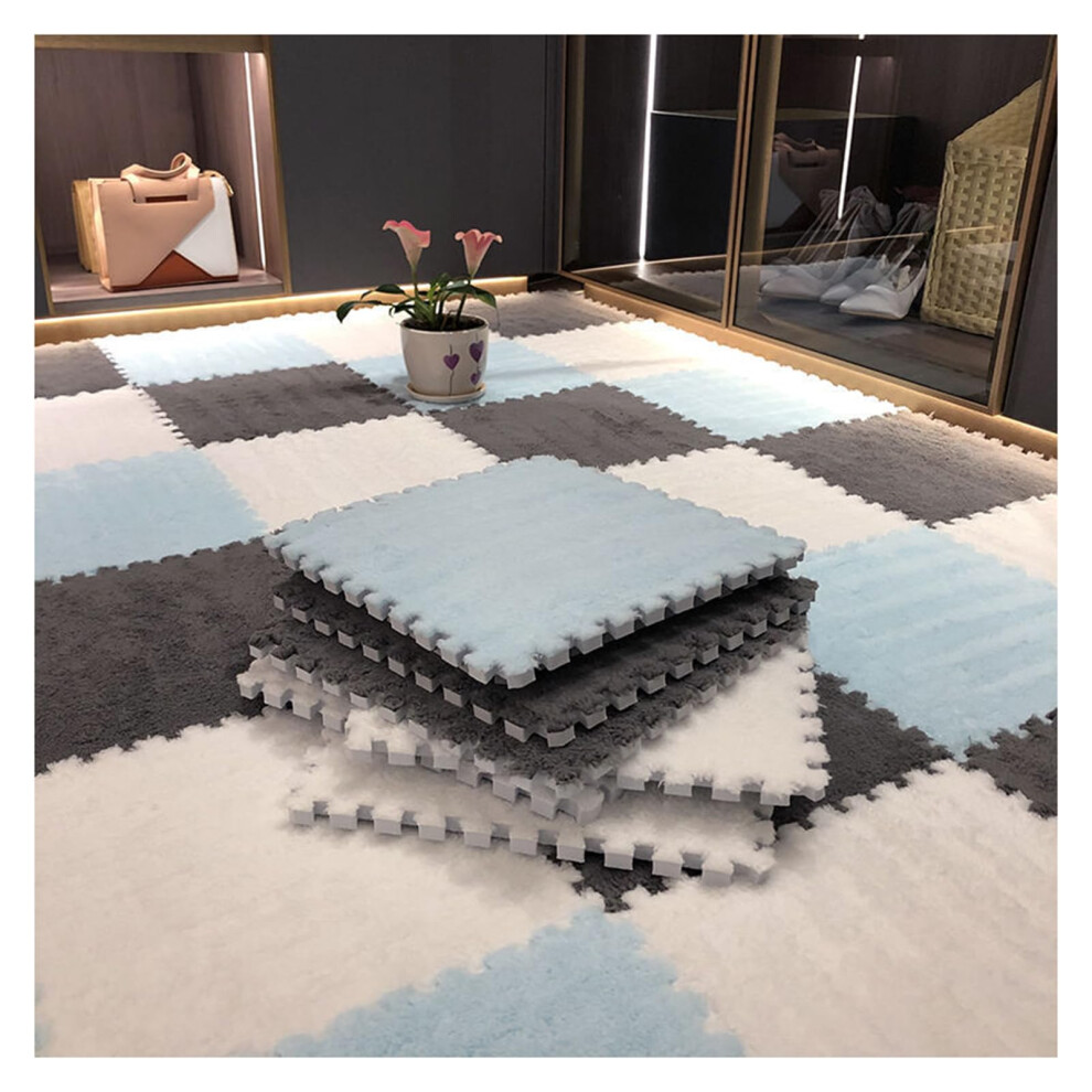 Interlocking Plush Foam Puzzle Floor Mats 12Piece Set 30X30cm Soft Colorful Playroom Mats Gray, White Light/Blue/Dark
