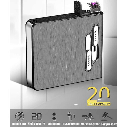 Cigarette Case with Lighter, Dual Arc Lighter, Cigarette Box, Auto Eject, Lighter Rechargeable, Black 1