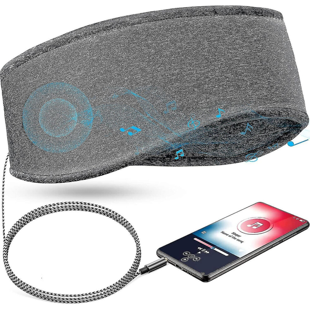 Grey Music Sleep Headband With Headphones 3.5Mm Wired Soft Elastic Travel Headband With Slim Speaker Comfortable Sleep Headphones