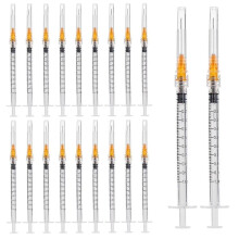 Pack of 50 1ml syringes with 25G (1 inch) needle, laboratory supplies, Luer Lock system, individually sealed packaging.
