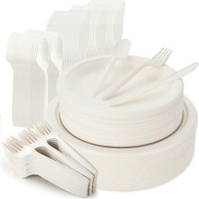 Set di stoviglie compostabili in bagassa da 250 pezzi: piatti, coltelli e cucchiai monouso da 18 cm e 23 cm.