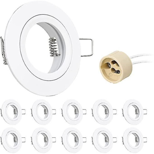 10x GU10 Recessed Spotlight Aluminum White, Round Extra Flat Ceiling Mounting Frame With Socket For LED