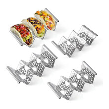 Taco holder, set of 4, in stainless steel with handles, can hold up to 3 tacos.