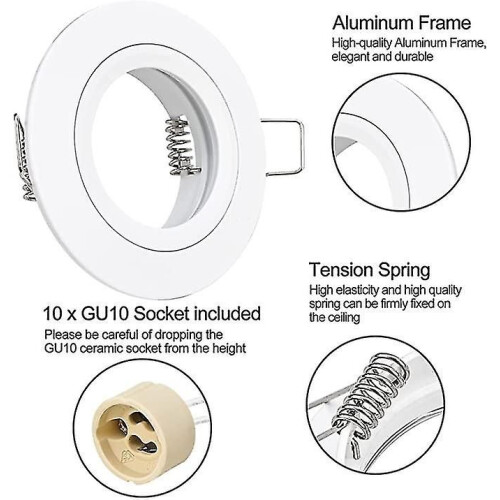 10x GU10 Recessed Spotlight Aluminum White, Round Extra Flat Ceiling Mounting Frame With Socket For LED 2