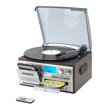 Monitoiminen 3-vaihteinen retro-levysoitin, jossa AM/FM-radio ja CD/kasettisoitin