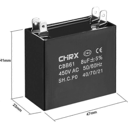 Πυκνωτής ανεμιστήρα οροφής CBB61 8uF 450V AC, μεμβράνη πολυπροπυλενίου, 47 x 23 x 41mm 2