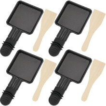 4-piece Raclette Barbecue Set, 4-piece Wooden Raclette Spatulas, Polon Raclette Grill, Non-Stick Cast Iron Coating, Mini Plate with Insulated Handle