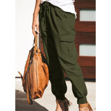 Women Green Mid Rise Cargo Joggers with Tapered Leg, Soft Lightweight L